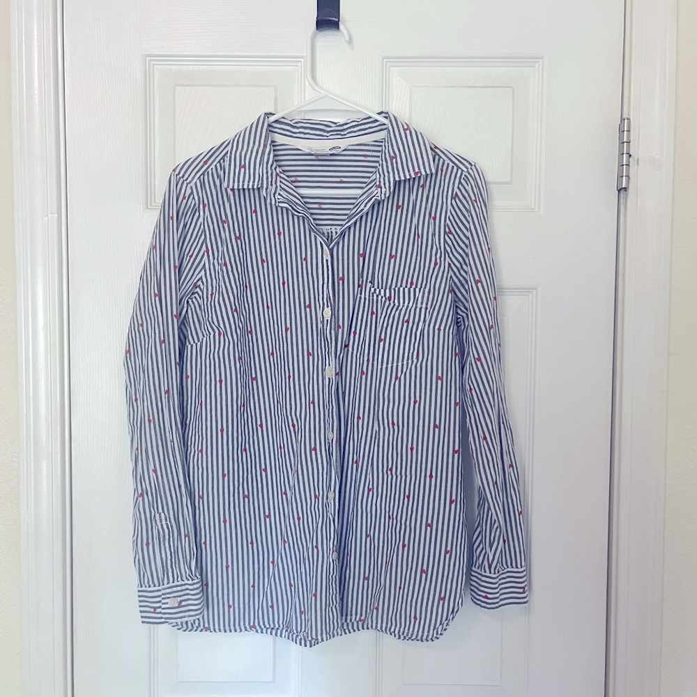 Old Navy L Classic Button Up Long Sleeve Shirt Blue White Stripe with Hearts